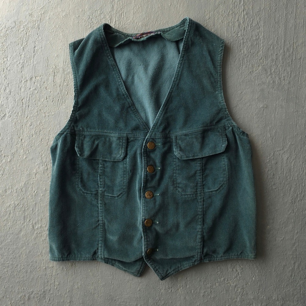Vintage 1970s Land Lubber Green Corduroy Vest Medium Waistcoat Buckle Back